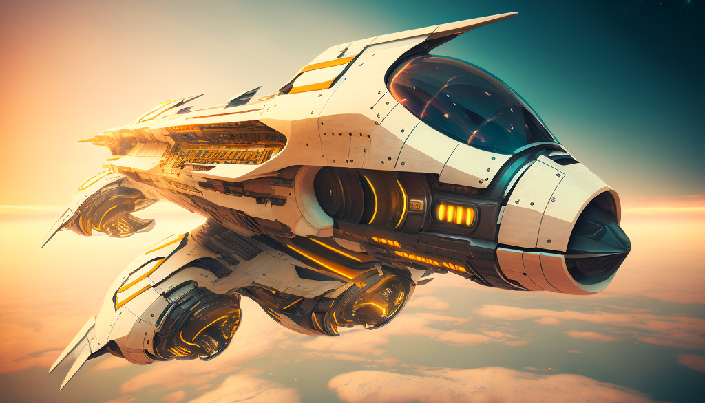 Concept art for Isospace game: a futuristic spaceship in the sky